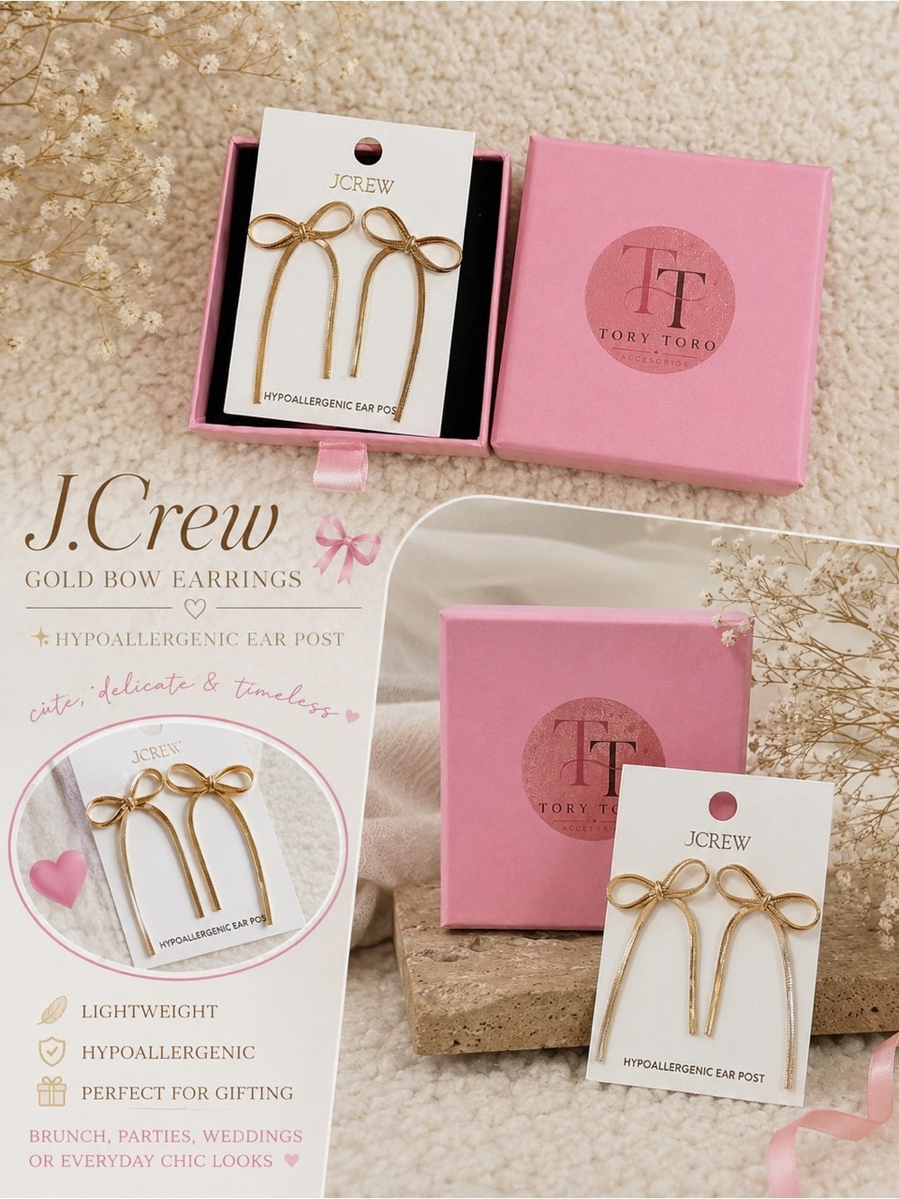 J.Crew Gold Bow Drop Earrings NWT Hypoallergenic 💗 - Picture 5 of 7